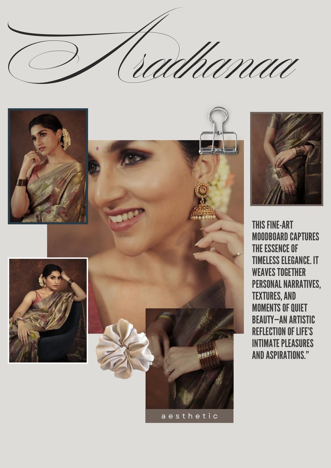 Aradhanaa fine art moodboard, traditional saree styling in warm light