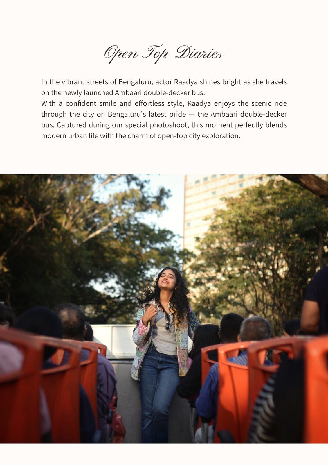 Actor Raadya riding Bengaluru's open-top Ambaari bus, golden hour