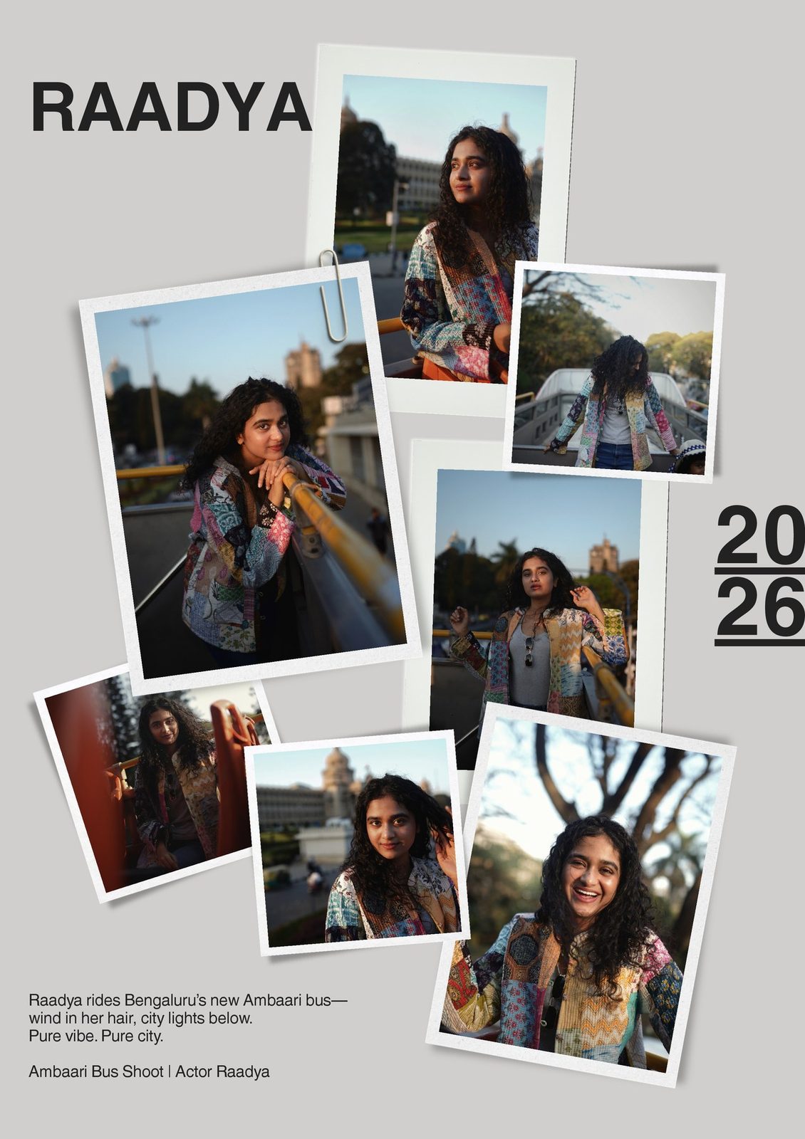 Open Top Diaries contact-sheet style layout of Actor Raadya on the Ambaari bus