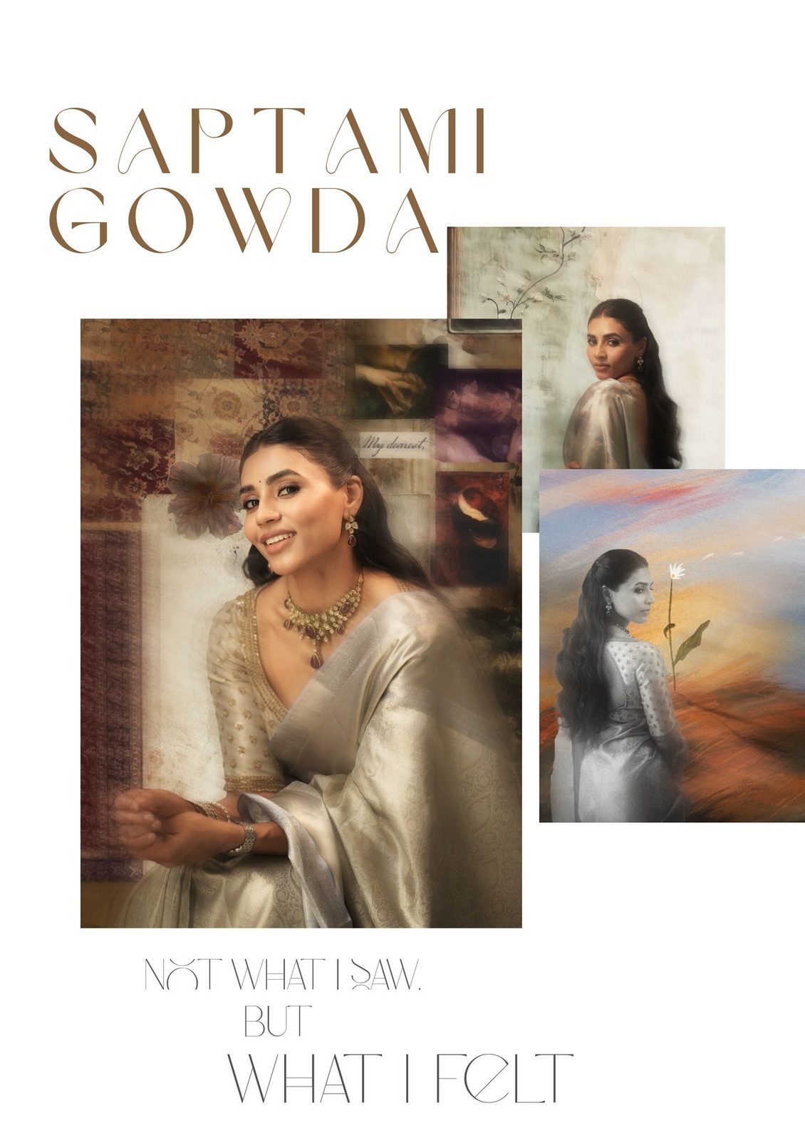 Saptami Gowda portrait series, double-exposure composite against painterly textures