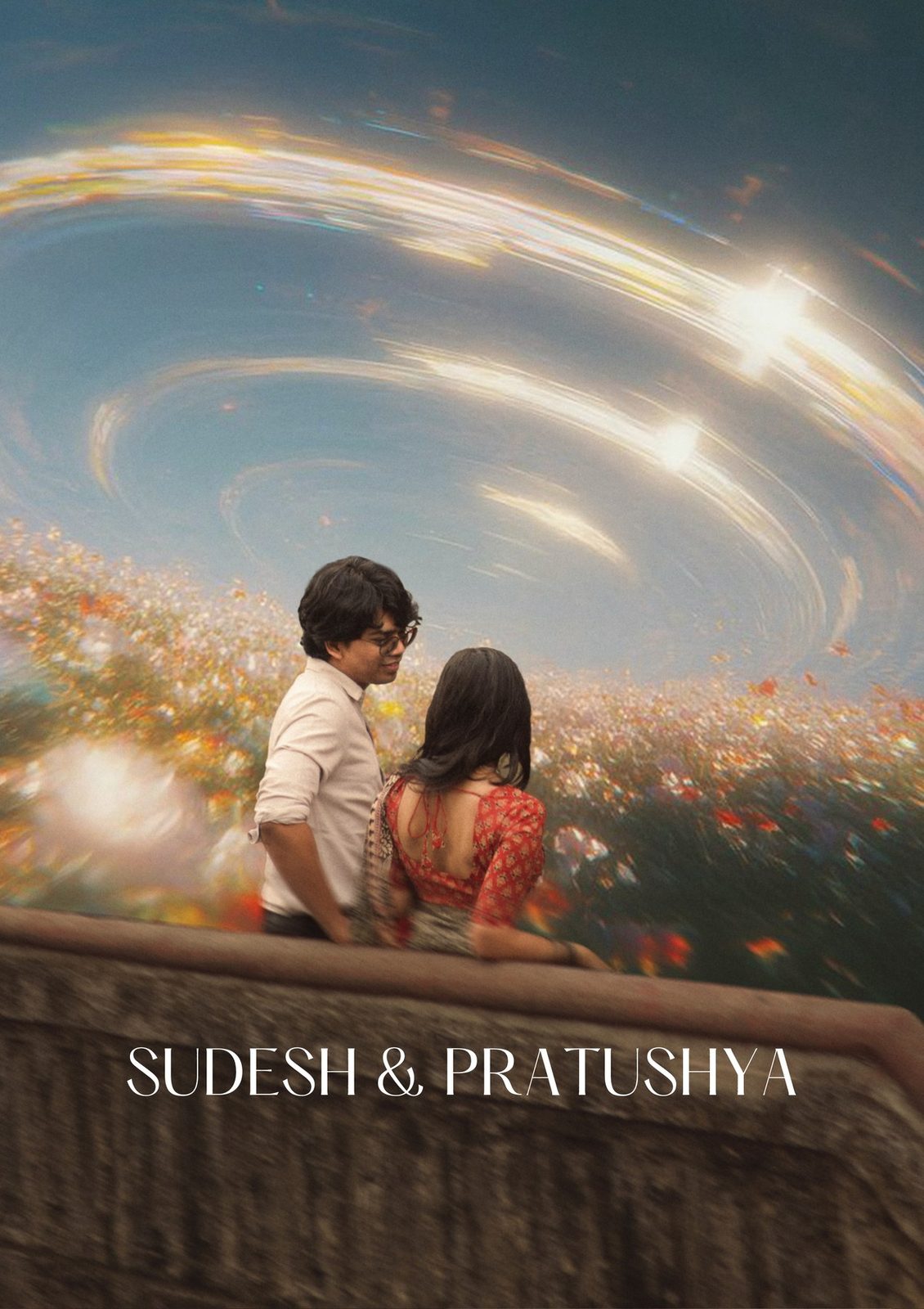 Couple seated above a surreal painted sky, from the Sudesh & Pratushya series