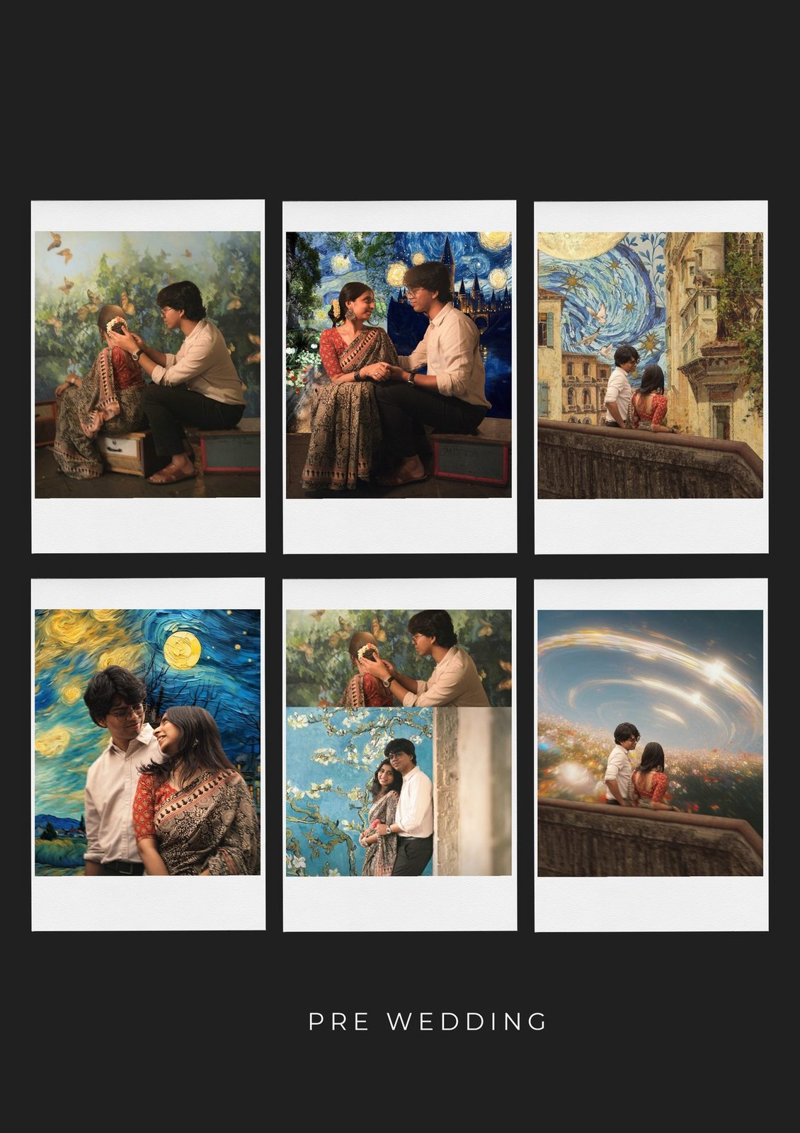 Sudesh and Pratushya composited into Van Gogh-inspired painted scenes, a six-panel sequence